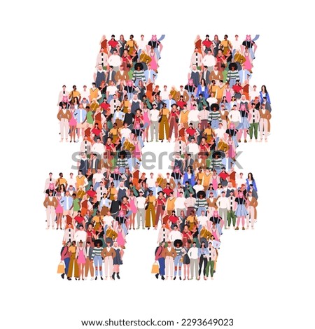 Large group of people in form of  Hashtag symbol. Number sign, hash, or pound sign. People standing together. A crowd of male and female characters. Flat vector illustration 