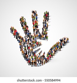 Large group of people in form of Helping hand icon. Care, adoption, pregnancy or family concept. Vector illustration