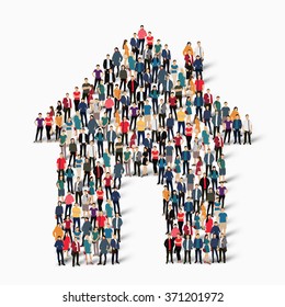 A Large Group Of People In The Form Of House . Vector Illustration.