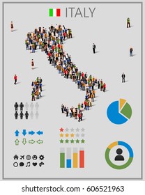 Large group of people in form of Italy map with infographics elements. Italy map with chart, statistic and visualization templates. Background for presentation. Vector illustration