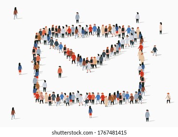 Gran grupo de personas en forma de sobre de correo. Concepto de correo electrónico. Mensaje de la gente. Ilustración del vector