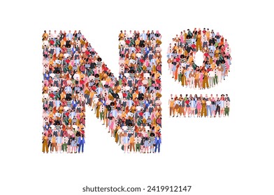 Large group of people in form of ordinal number mark number. Mark number. A crowd of male and female characters standing together. Flat vector illustration isolated on white background.  