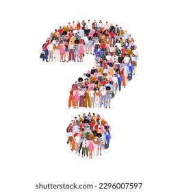 Un gran grupo de personas en forma de signo de interrogación. Concepto de Faq. Gente unida. Una multitud de personajes masculinos y femeninos. Ilustración vectorial plana aislada en fondo blanco.