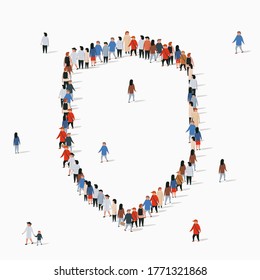 Large group of People in form of shield. Protection and safety concept. Web guarding. Vector illustration