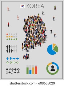 Large group of people in form of South Korea map with infographics elements. South Korea map with chart, statistic and visualization templates. Background for presentation. Vector illustration