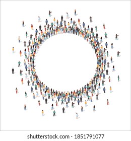 Large group of people forming circle frame standing together, flat vector illustration. People crowd gathering in shape of round border.