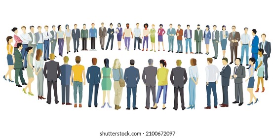 Large Group Of People Forming A Circle, Isolated On White Background. Illustration