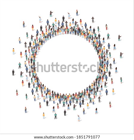 Large group of people forming circle frame standing together, flat vector illustration. People crowd gathering in shape of round border.