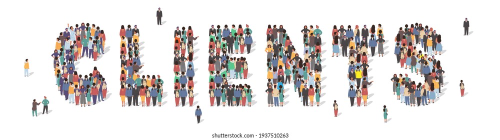 Large group of people forming Clients word standing together, flat vector illustration. People crowd gathering. Clients services typography banner. Business concept.
