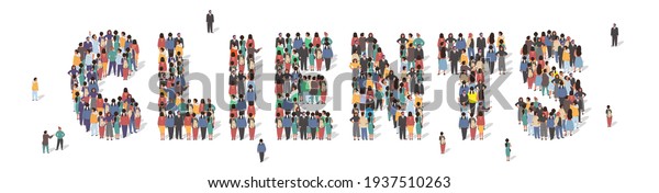 Large group of people forming
Clients word standing together, flat vector illustration. People
crowd gathering. Clients services typography banner. Business
concept.