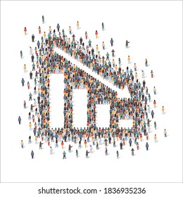 Large group of people forming falling chart sign with down arrow standing together, flat vector illustration. People crowd gathering. Business failure, financial and economic crisis.