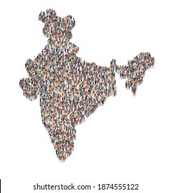 Large Group Of People Forming India Map Standing Together, Flat Vector Illustration. People Crowd Gathering. Population Demographics.