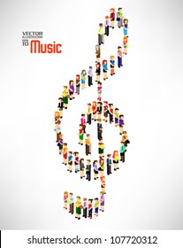 a large group of people forming into music note together vector design