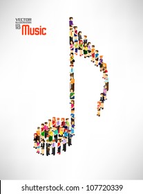 a large group of people forming into music note together vector design