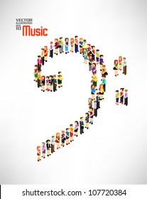 a large group of people forming into music note together vector design