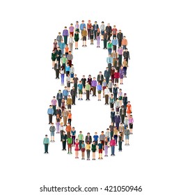 Large group of people forming number on white background: different casual people collection