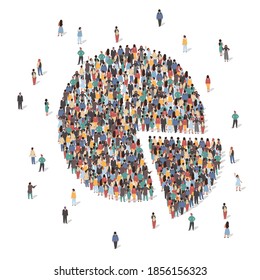 Large group of people forming pie chart standing together, flat vector illustration. People crowd gathering. Statistics, population demographics.