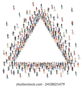 Gran grupo de personas que forman la forma de forma triangular forma ilustración vectorial del marco. Multiculturalidad internacional humana, sociedad pública alrededor de un espacio vacío para el anuncio