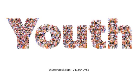 Large group of people forming word Youth. International Youth Day Celebration, Friendly team, cooperation, friendship. World youth skills day concept. Flat vector illustration 