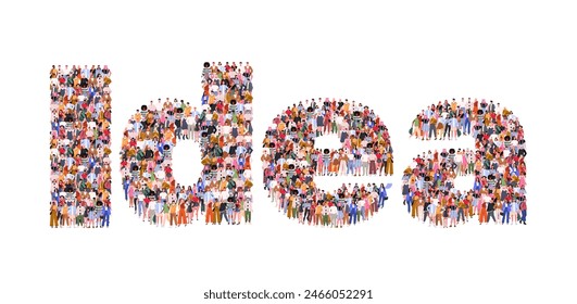 Large group of people forming word Idea. People came together to share an idea. Creative mind, brainstorm. Creativity, genius, new idea concept. Flat vector illustration isolated on white background. 