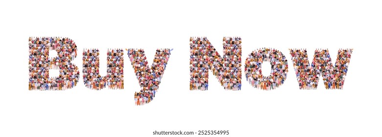 Large group of people forming word Buy Now. Ecommerce concept. Online shopping. People standing together. Flat vector illustration. Not AI generated