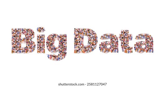 A large group of people forming the words Big Data. Concept of big data, information flow, and modern technology. Data mining, business analytics, automation. Vector illustration. Not AI generated