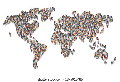 Large group of people forming world map standing together, flat vector illustration. People crowd gathering. Population demographics, globalization, earth community.
