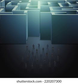 Large group of people in front of huge maze entrance business concept vector illustration