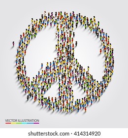 Large group of people gathered together in peace sign. Vector illustration