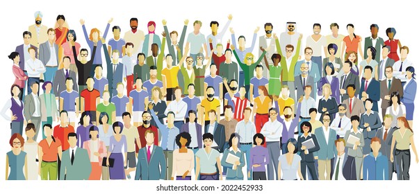 a large group of people happily together, on a white background. illustration