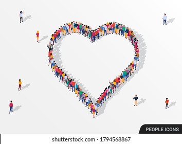 Large group of people in the heart sign shape. Vector illustration