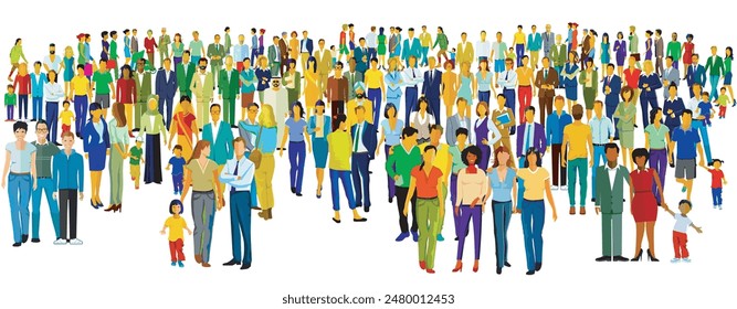 Large group of people isolated on white background. illustration