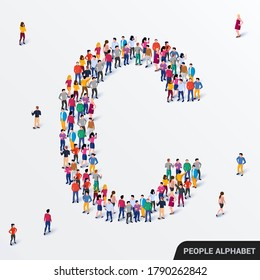 Large group of people in letter C form. Human alphabet. Vector seamless background