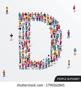 Large group of people in letter D form. Human alphabet. Vector seamless background