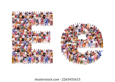 Large group of people in letter E form. People font. People standing together. A crowd of male and female characters. Flat vector illustration isolated on white background.