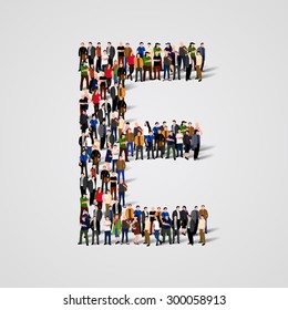 Large group of people in letter E form. People font. Clean vector font. Vector seamless background