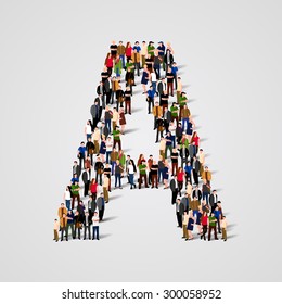 Large group of people in letter A form. People font. Clean vector font. Vector seamless background