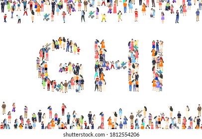 Large group of people in letter G, H, I sign. People font set. Vector illustration