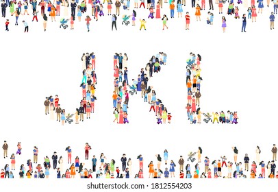 Large group of people in letter J, K, L sign. People font set. Vector illustration