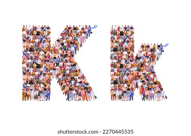 Large group of people in letter K form. People standing together. A crowd of male and female characters. Flat vector illustration isolated on white background.