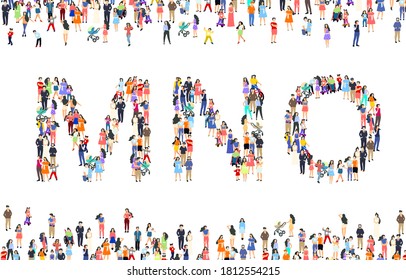 Large group of people in letter M, N, O sign. People font set. Vector illustration