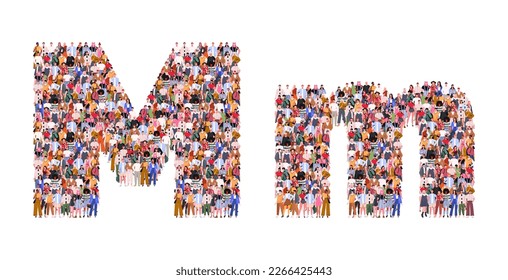 Large group of people in letter M form. People standing together. A crowd of male and female characters. Flat vector illustration isolated on white background.