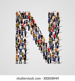 Large group of people in letter N form. People font. Clean vector font. Vector seamless background