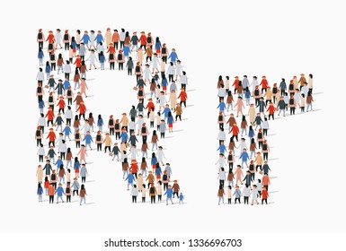 Large group of people in letter R form. Vector seamless background