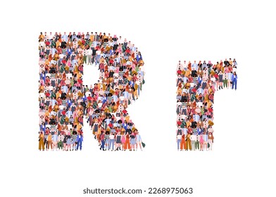 Large group of people in letter R form. People standing together. A crowd of male and female characters. Flat vector illustration isolated on white background.