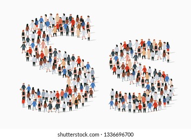 Large group of people in letter S form. Vector seamless background