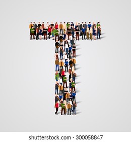 Large group of people in letter T form. People font. Clean vector font. Vector seamless background