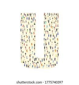 Large group of people in letter U form. People font. Clean vector font. Vector illustration