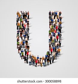 Large group of people in letter U form. People font. Clean vector font. Vector seamless background