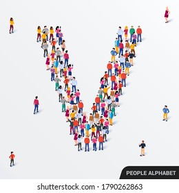 Large group of people in letter V form. Human alphabet. Vector seamless background